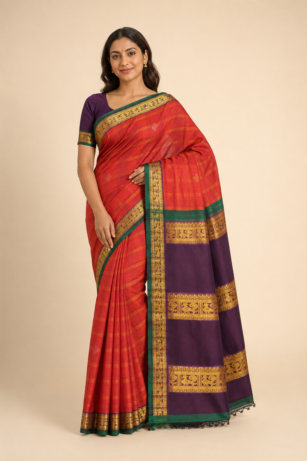 Model wearing Maroon & Brown Kanchipuram Pure Silk Handloom Saree – GWS25178