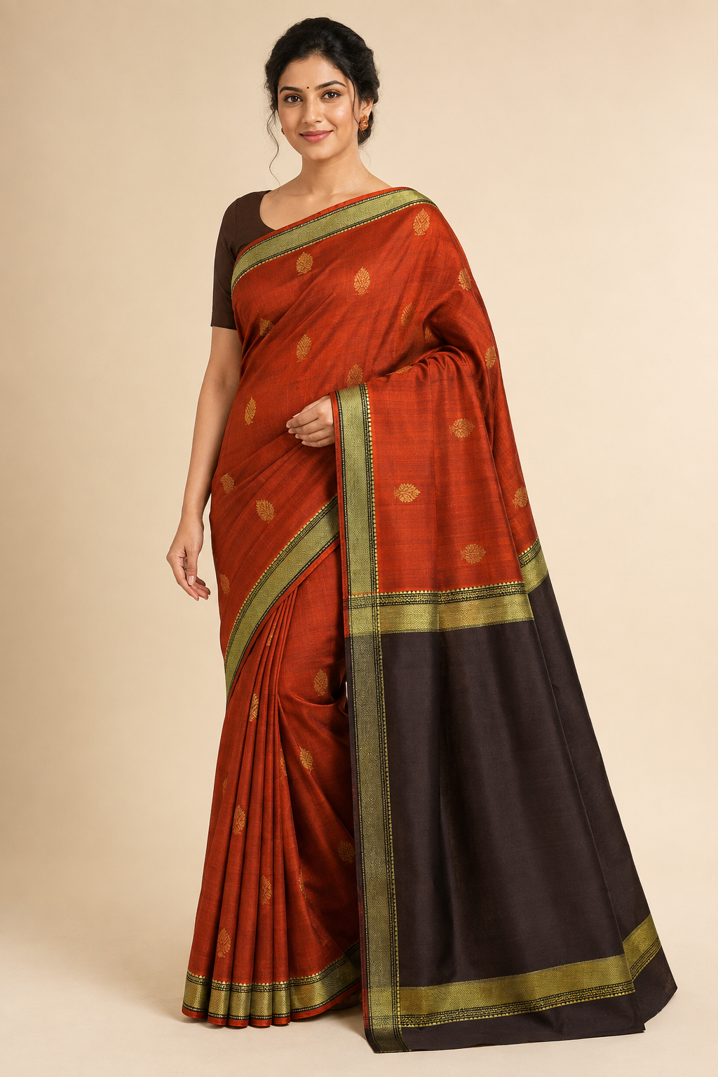 Model wearing Maroon & Brown Kanchipuram Pure Silk Handloom Saree – GWS25283