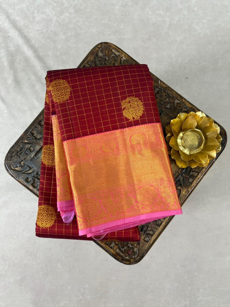 Maroon & Orange Kanchipuram Pure Silk Checks Handloom Saree – GWS25334