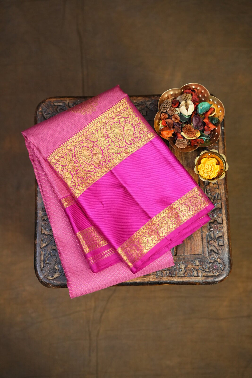 Magenta & Brown Kanchipuram Pure Silk Gap Border Saree – GWS25369