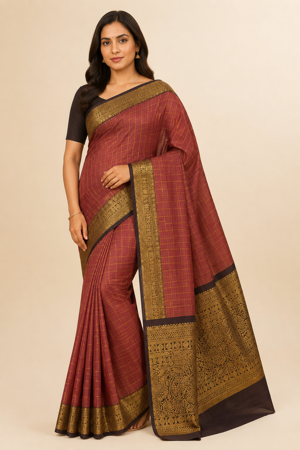 Model wearing Maroon & Brown Kanchipuram Pure Silk Handloom Saree – GWS25447