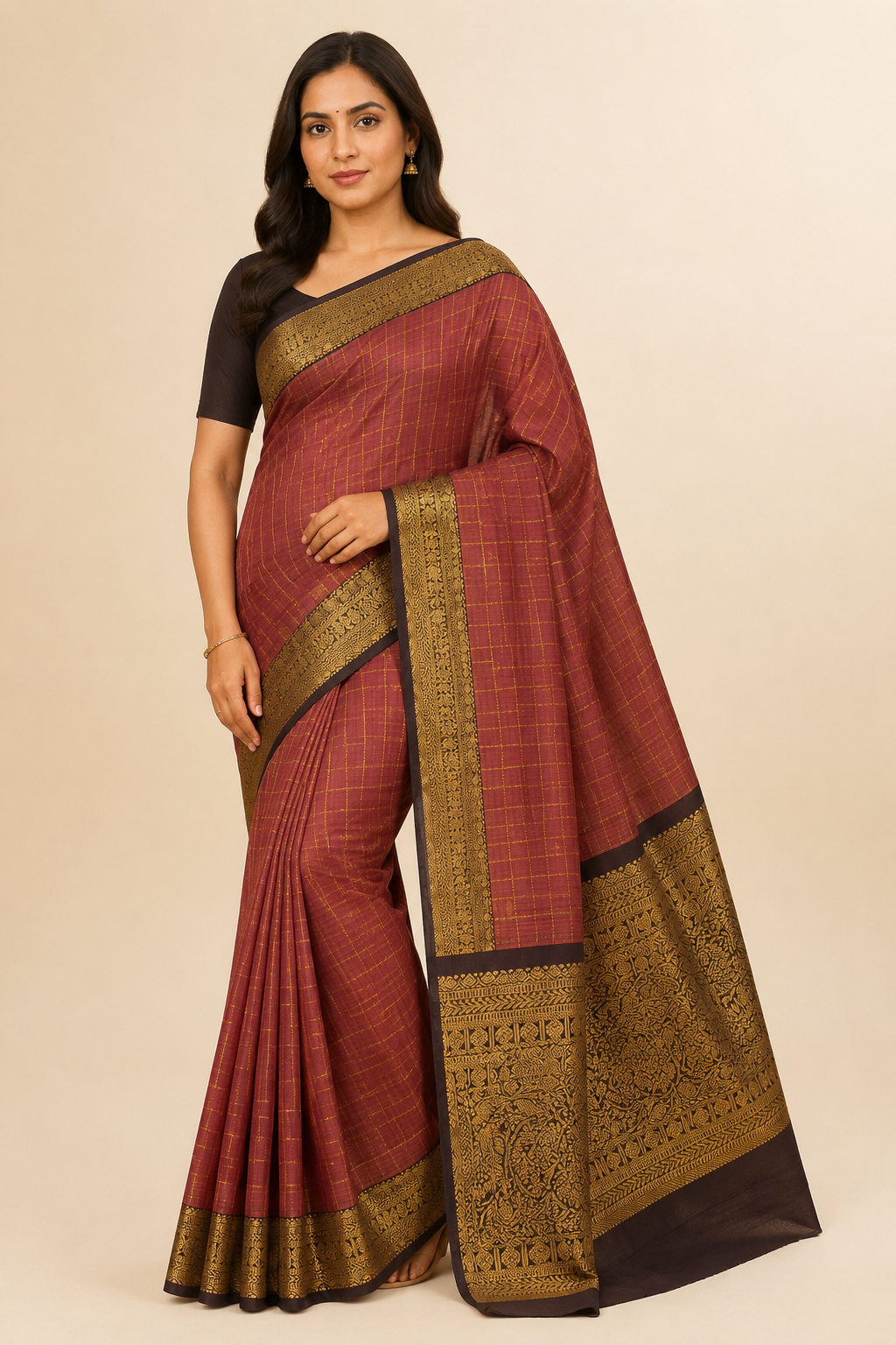 Model wearing Maroon & Brown Kanchipuram Pure Silk Handloom Saree – GWS25447