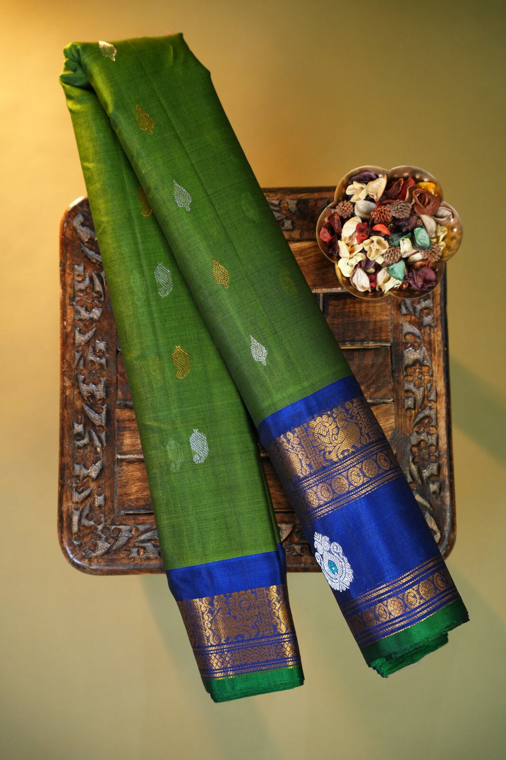 Olive Green & Gold Gadwal Cotton Silk (SICO) Gap Border Saree – GWS26730