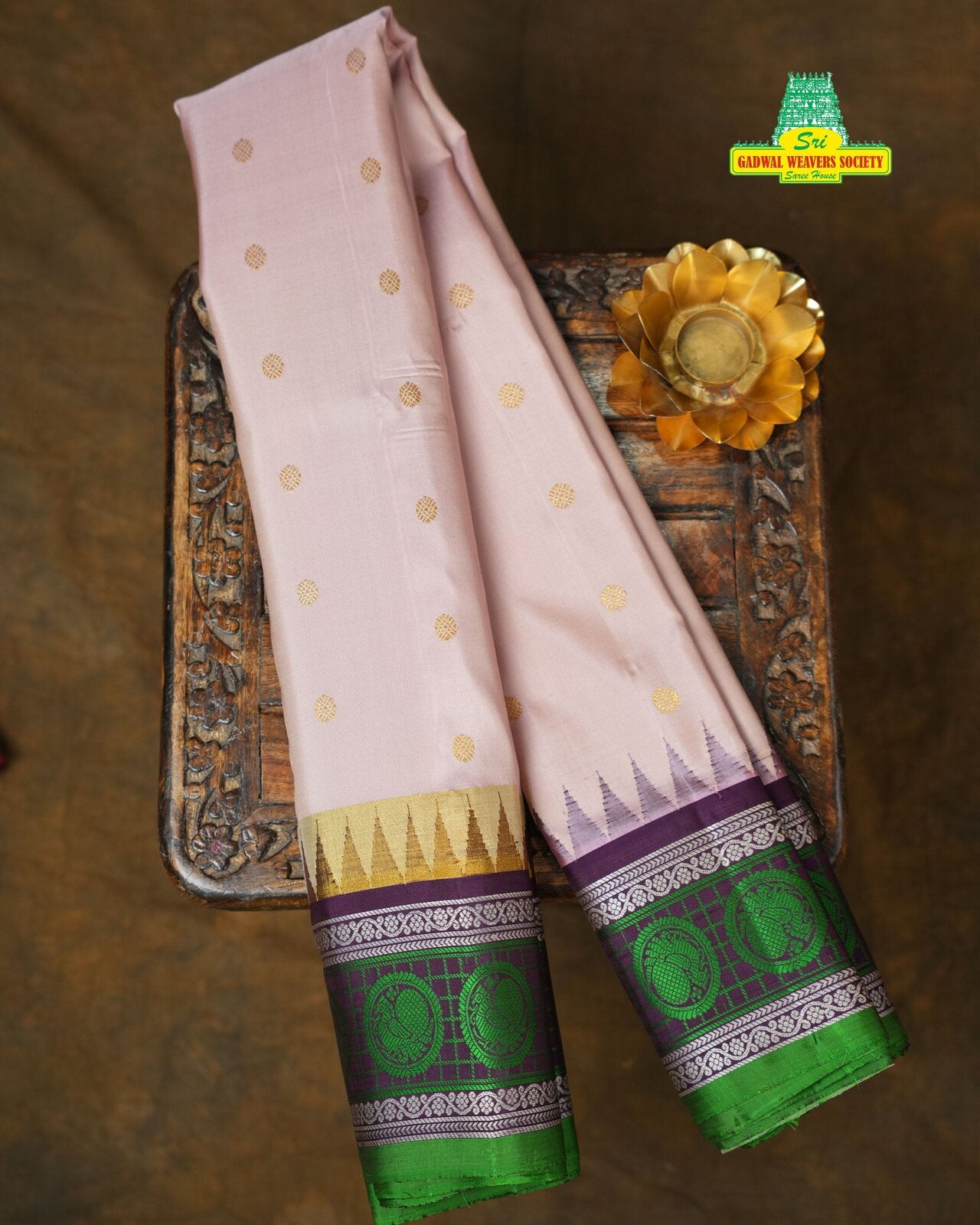 Blush Pink & Brown Exclusive Gadwal Pure Silk Handloom Saree – GWS27325