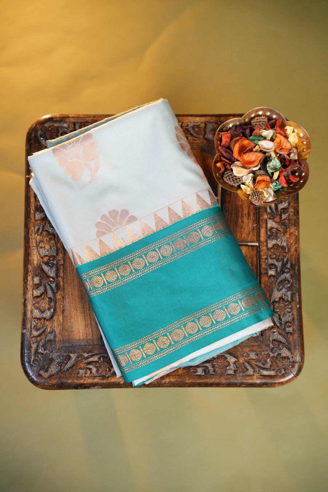 Gold & Turquoise Semi Kanchi Saree – GWS31060