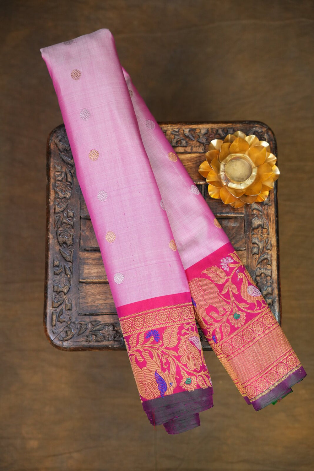 Pink & Red Gadwal Pure Silk Meenakari Turning Border – GWS31272