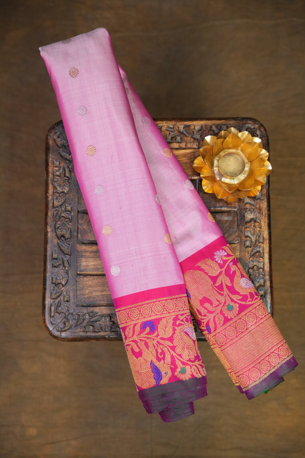 Pink & Red Gadwal Pure Silk Meenakari Turning Border – GWS31272