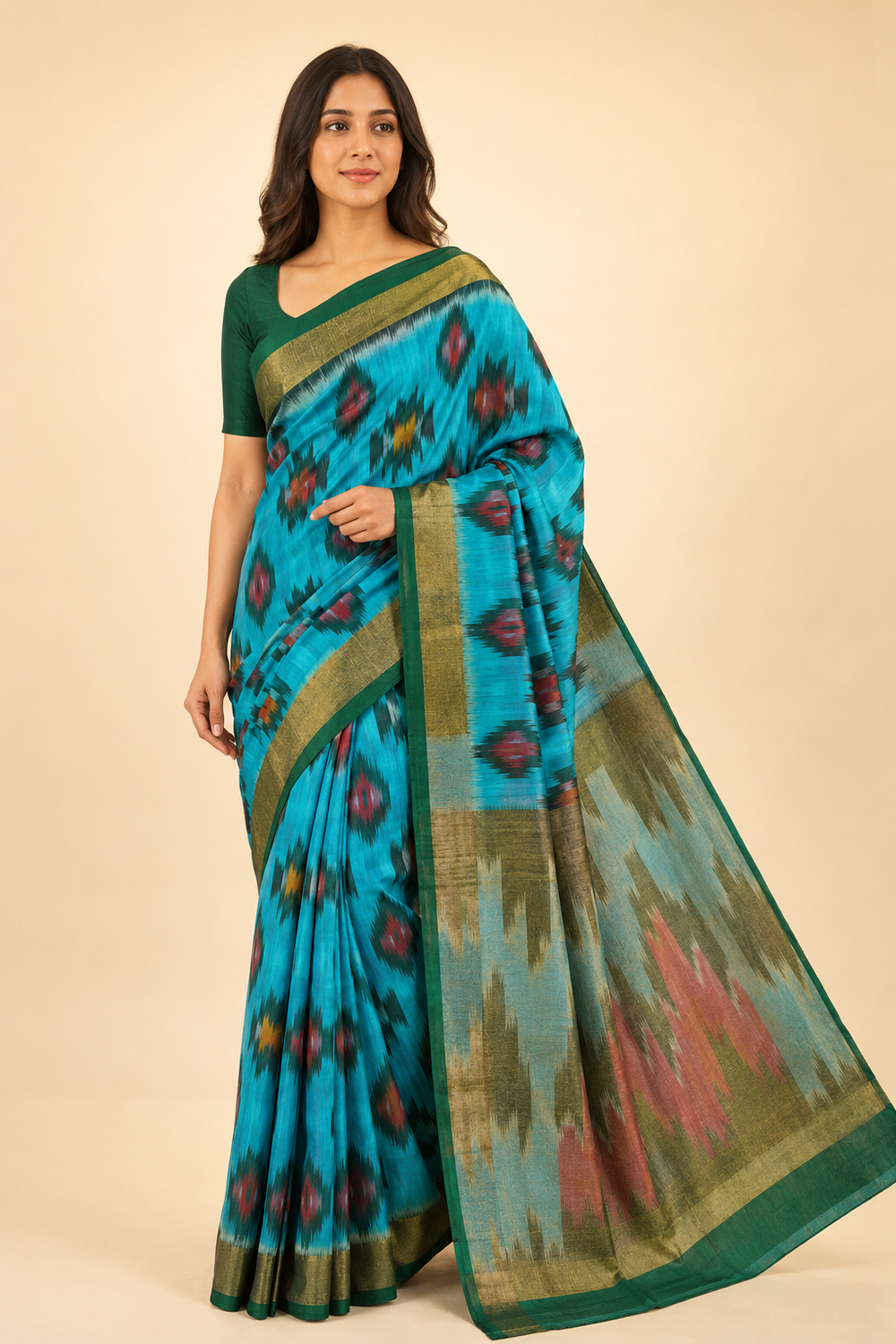 Model wearing Turquoise Pochampally Ikkat SICO Saree – GWS33089