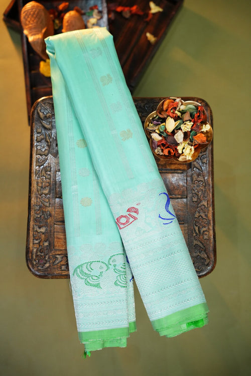 Gold & Aqua Exclusive Gadwal Pure Silk Handloom Saree – Gadwal – GWS35035