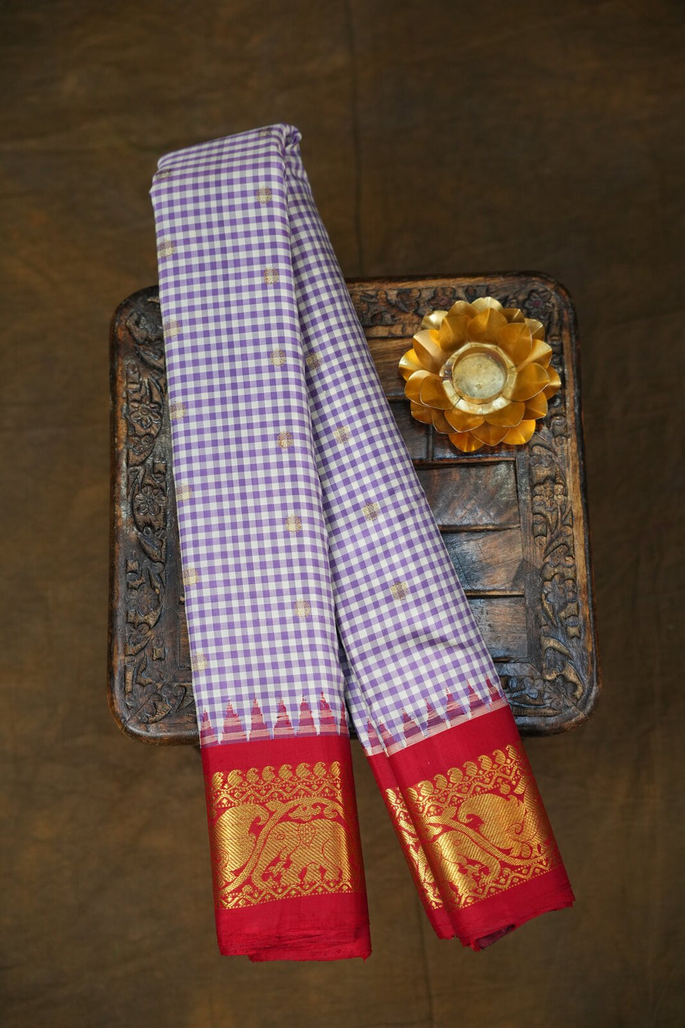 Lavender & Brown Gadwal Pure Silk Gingham Checks Saree – GWS35096