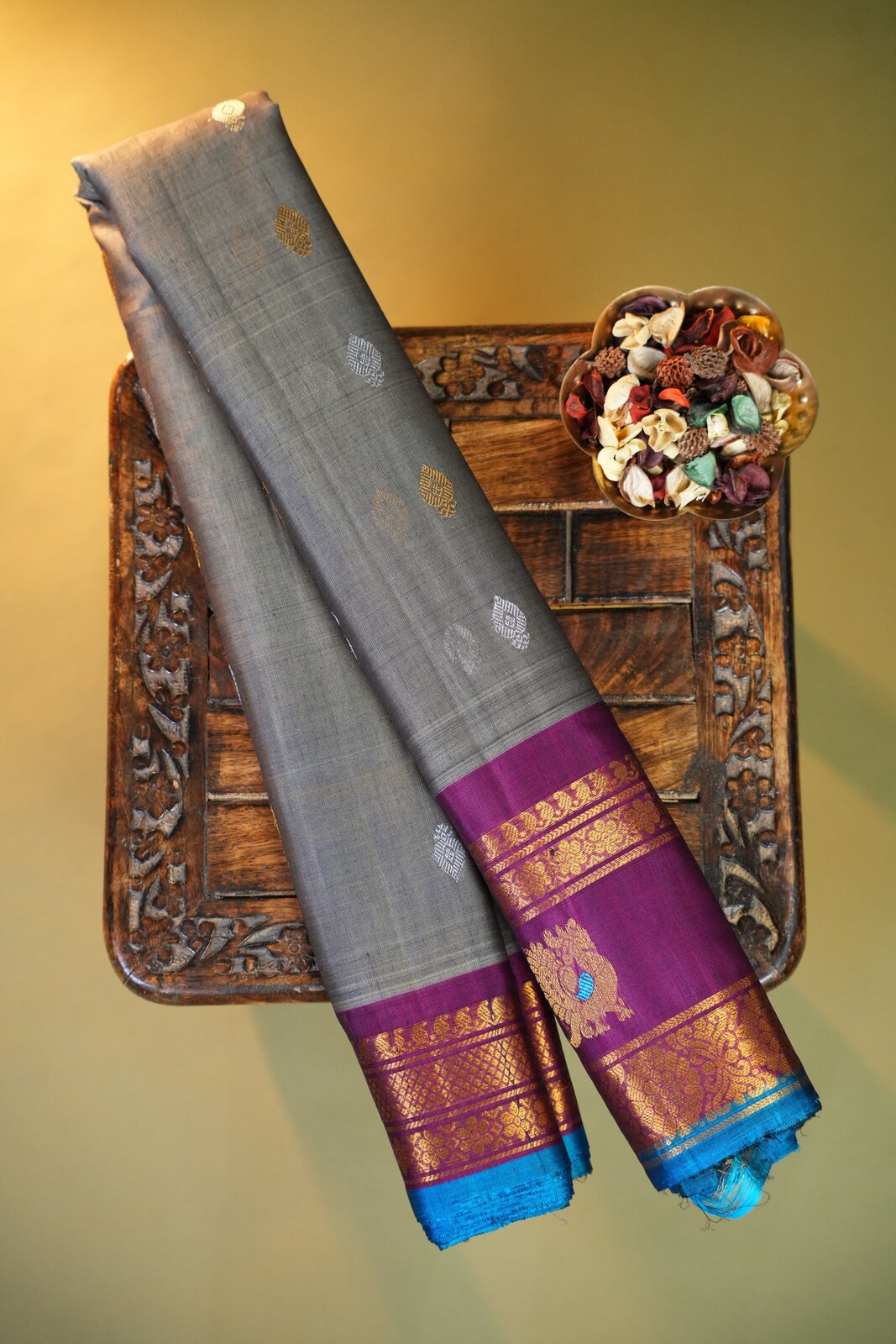 Gold & Maroon Gadwal Cotton Silk (SICO) Gap Border Saree – GWS35420
