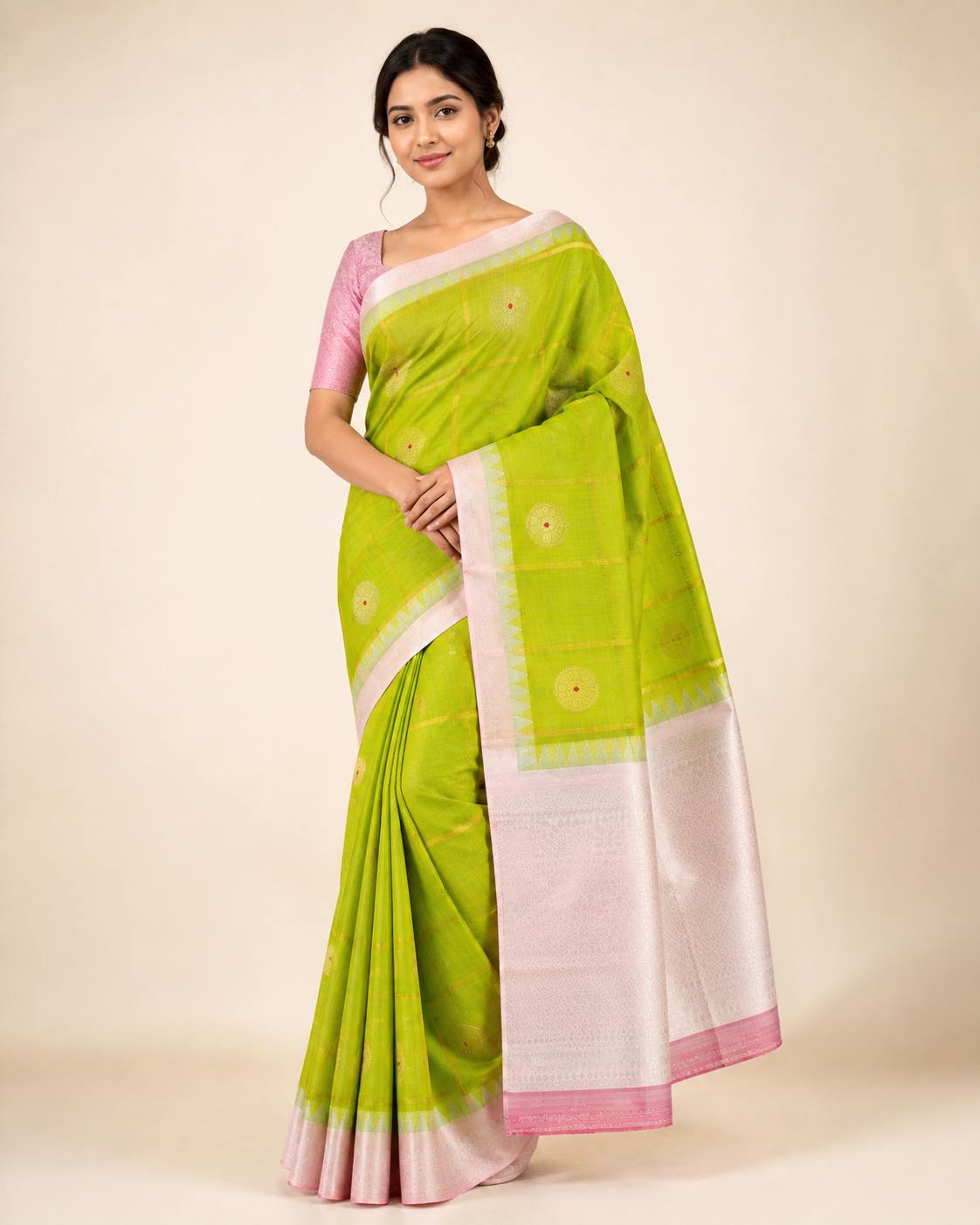 Model wearing Lime Green & Blush Pink Gadwal Pure Silk Handloom Saree – GWS38451